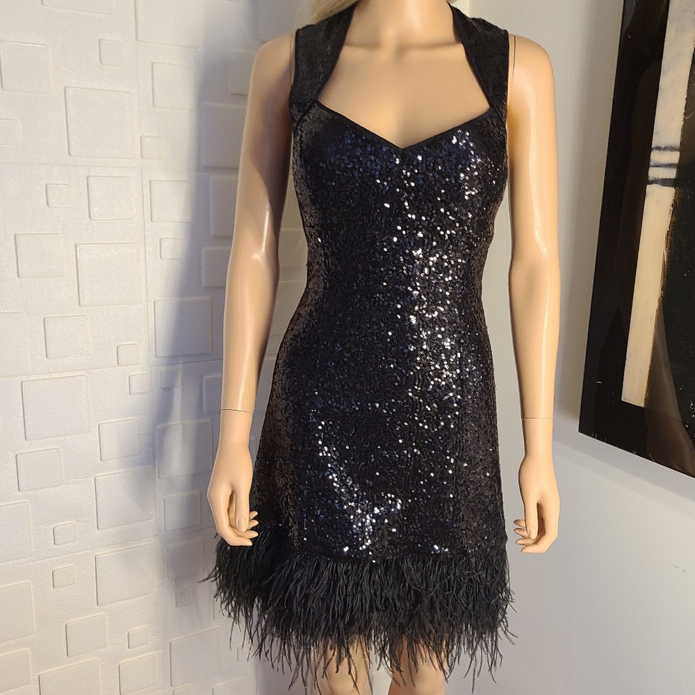Guess Black Sequin and Ostrich Feathers Dress 10